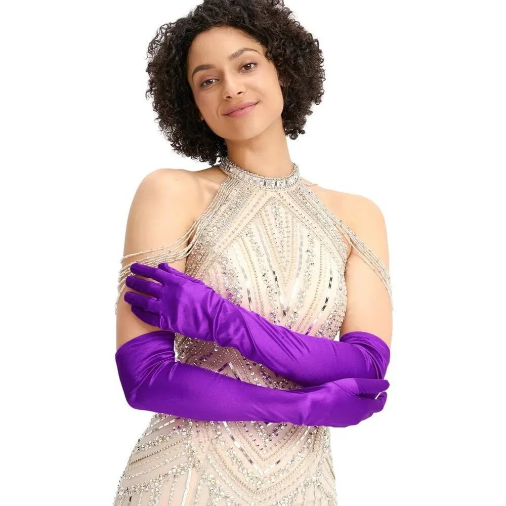 Women's Evening Purple Long Satin Gloves Elbow Length Formal Party Prom Wear